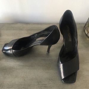 Donna Karan black leather open toe high heels